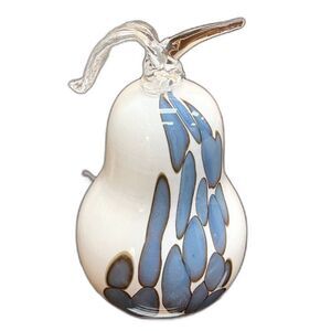 Handblown Glass Paperweight Fruit Pear White And Blue